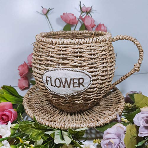 Cabilock Woven Teacup Flower Basket Rattan Woven Basket Desktop Decor Woven Flower Vase Fiddle Leaf Fig Wicker Woven Basket Dining Table Planter Water Plant Weaving Indoor Household Basket