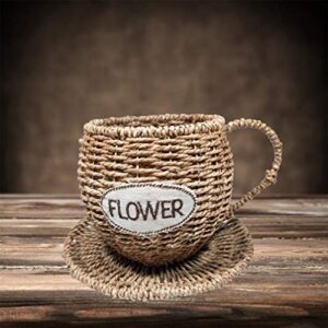 Cabilock Woven Teacup Flower Basket Rattan Woven Basket Desktop Decor Woven Flower Vase Fiddle Leaf Fig Wicker Woven Basket Dining Table Planter Water Plant Weaving Indoor Household Basket