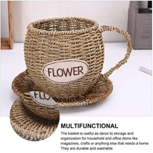 Cabilock Woven Teacup Flower Basket Rattan Woven Basket Desktop Decor Woven Flower Vase Fiddle Leaf Fig Wicker Woven Basket Dining Table Planter Water Plant Weaving Indoor Household Basket