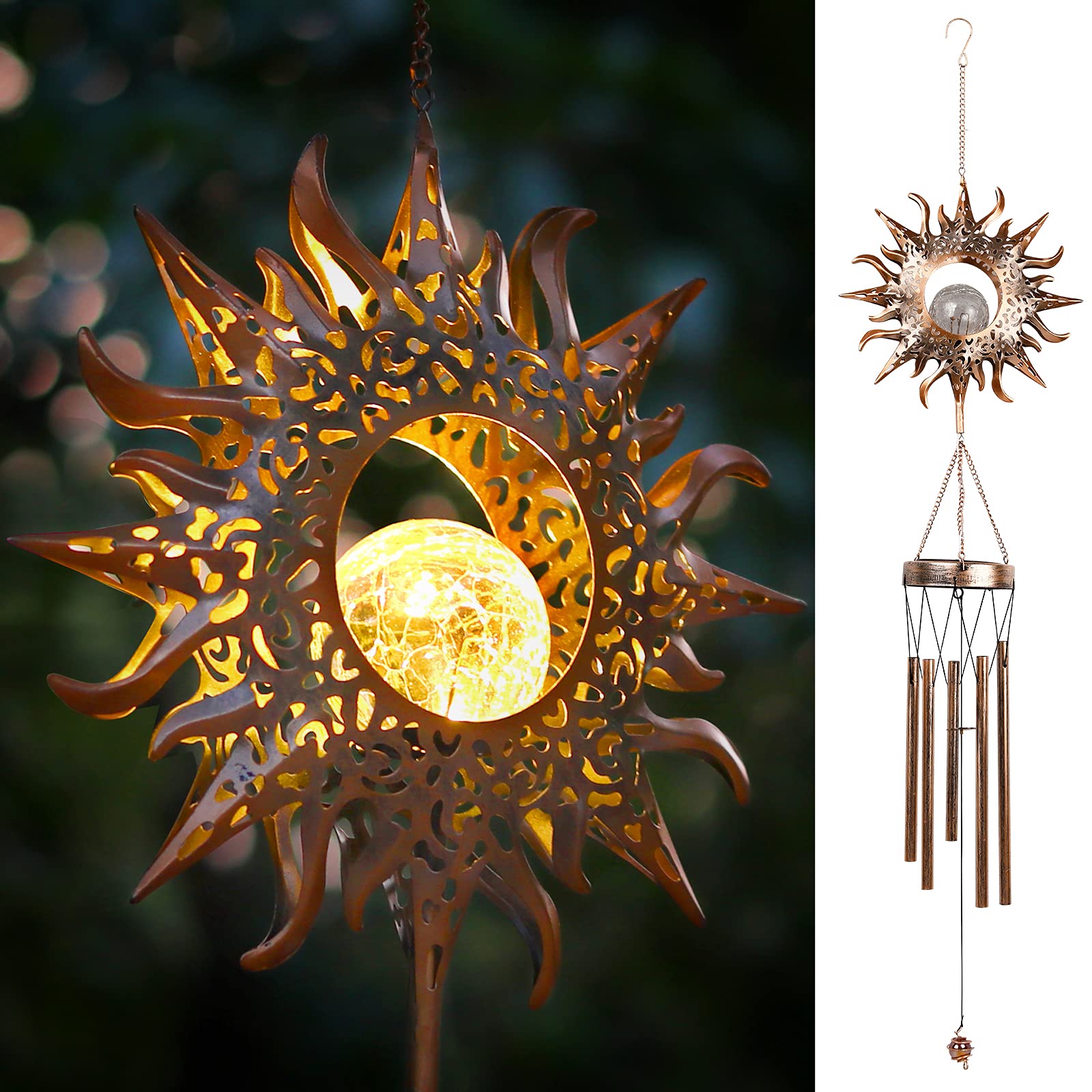 DesGully Solar Wind Chimes, Sun Wind Chime Outdoor Clearance w/Glowing Crackle Glass LED Unique Wind Bells for Outside Waterproof Chimes, Gifts for Her/Him (42" Long Metal Chimes)…