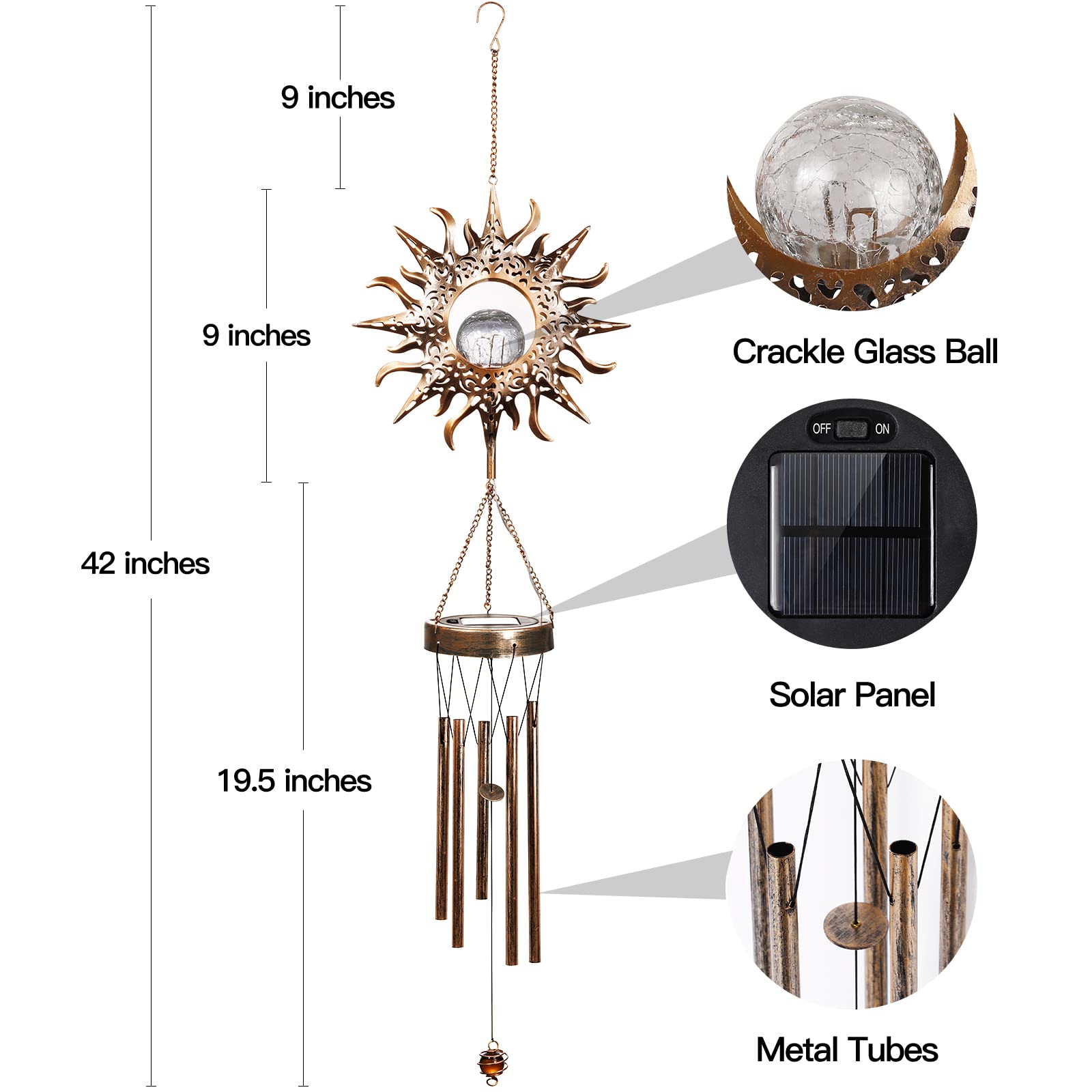 DesGully Solar Wind Chimes, Sun Wind Chime Outdoor Clearance w/Glowing Crackle Glass LED Unique Wind Bells for Outside Waterproof Chimes, Gifts for Her/Him (42" Long Metal Chimes)…