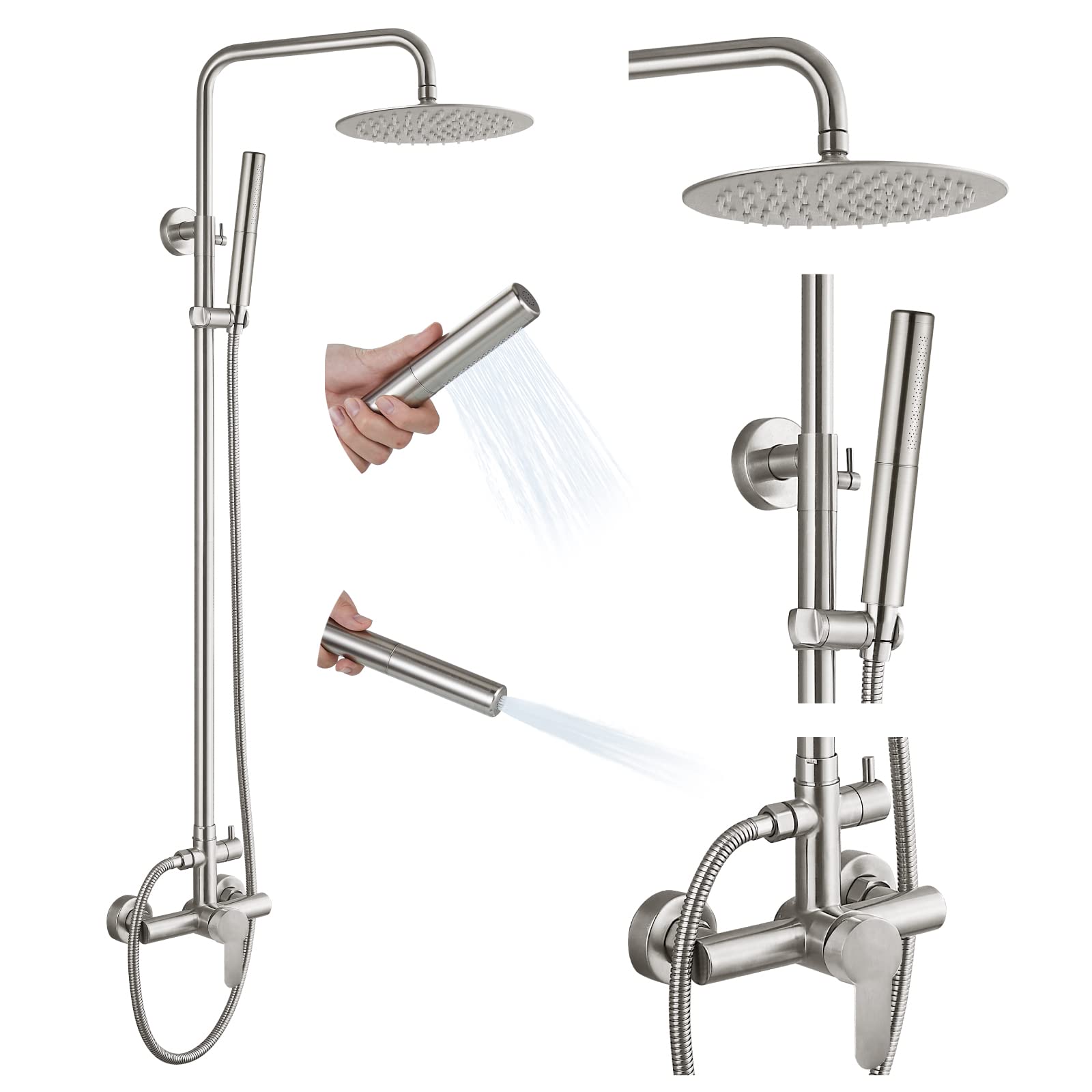 gotonovo Outdoor Shower Faucet Sets Brushed Nickel 304 Stainless Steel Shower Head with 2 in 1 Cylinder Handheld Spray 2 Function Exposed Shower Combo Set Wall Mount Single Handle