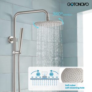 gotonovo Outdoor Shower Faucet Sets Brushed Nickel 304 Stainless Steel Shower Head with 2 in 1 Cylinder Handheld Spray 2 Function Exposed Shower Combo Set Wall Mount Single Handle