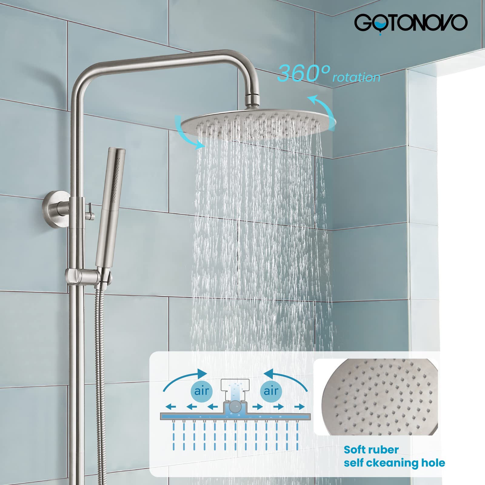 gotonovo Outdoor Shower Faucet Sets Brushed Nickel 304 Stainless Steel Shower Head with 2 in 1 Cylinder Handheld Spray 2 Function Exposed Shower Combo Set Wall Mount Single Handle