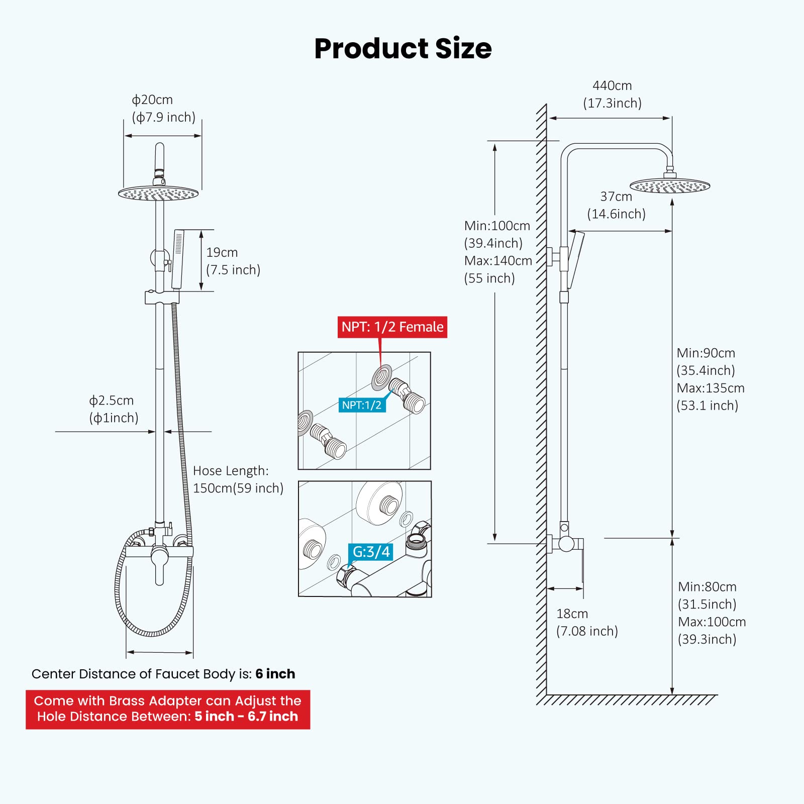 gotonovo Outdoor Shower Faucet Sets Brushed Nickel 304 Stainless Steel Shower Head with 2 in 1 Cylinder Handheld Spray 2 Function Exposed Shower Combo Set Wall Mount Single Handle