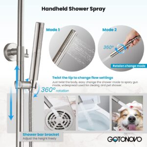 gotonovo Outdoor Shower Faucet Sets Brushed Nickel 304 Stainless Steel Shower Head with 2 in 1 Cylinder Handheld Spray 2 Function Exposed Shower Combo Set Wall Mount Single Handle