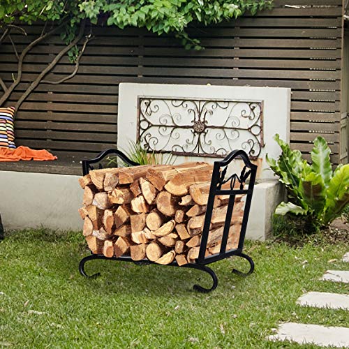 GOFLAME Firewood Log Rack Foldable, Indoor Outdoor Firewood Holder Stacker with Decorative Leaf Pattern and Arched Feet, Patio Firewood Storage Holder for Fireplace Pit