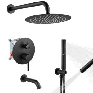 airuida round shower system set with tub spout, wall mount 3 function rain shower faucet set, matte black 10 inches round shower head with 2 functions handheld shower