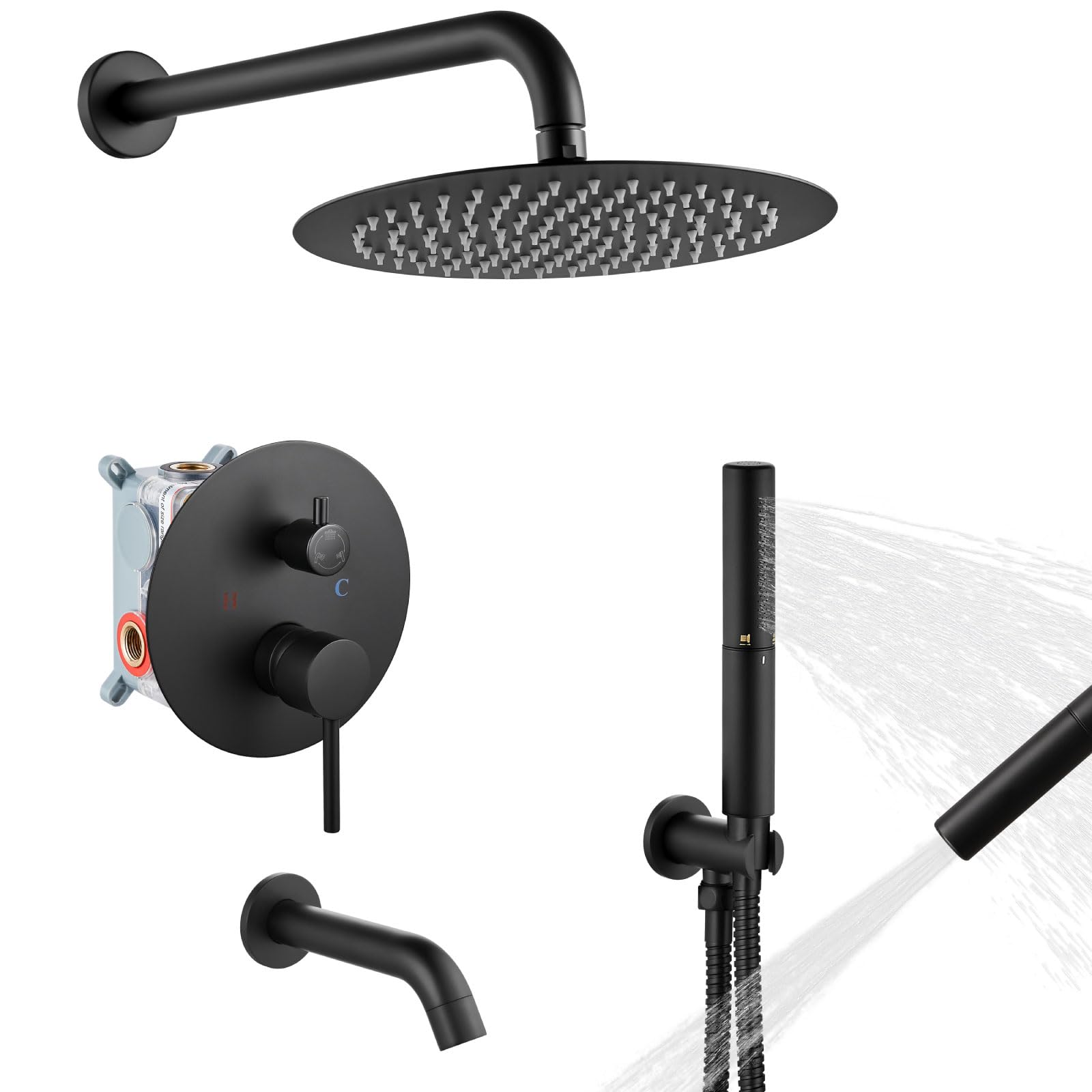 Airuida Round Shower System Set with Tub Spout, Wall Mount 3 Function Rain Shower Faucet Set, Matte Black 10 Inches Round Shower Head with 2 Functions Handheld Shower