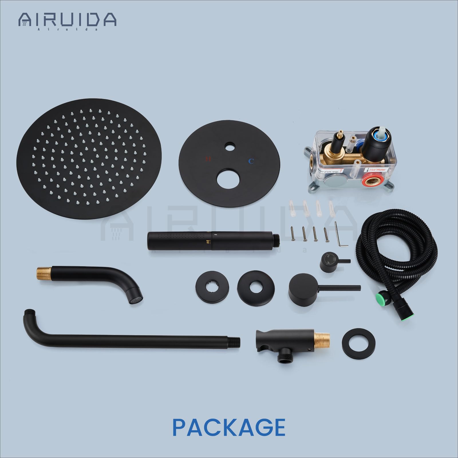 Airuida Round Shower System Set with Tub Spout, Wall Mount 3 Function Rain Shower Faucet Set, Matte Black 10 Inches Round Shower Head with 2 Functions Handheld Shower