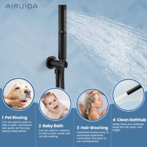 Airuida Round Shower System Set with Tub Spout, Wall Mount 3 Function Rain Shower Faucet Set, Matte Black 10 Inches Round Shower Head with 2 Functions Handheld Shower