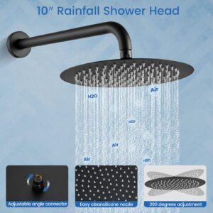 Airuida Round Shower System Set with Tub Spout, Wall Mount 3 Function Rain Shower Faucet Set, Matte Black 10 Inches Round Shower Head with 2 Functions Handheld Shower