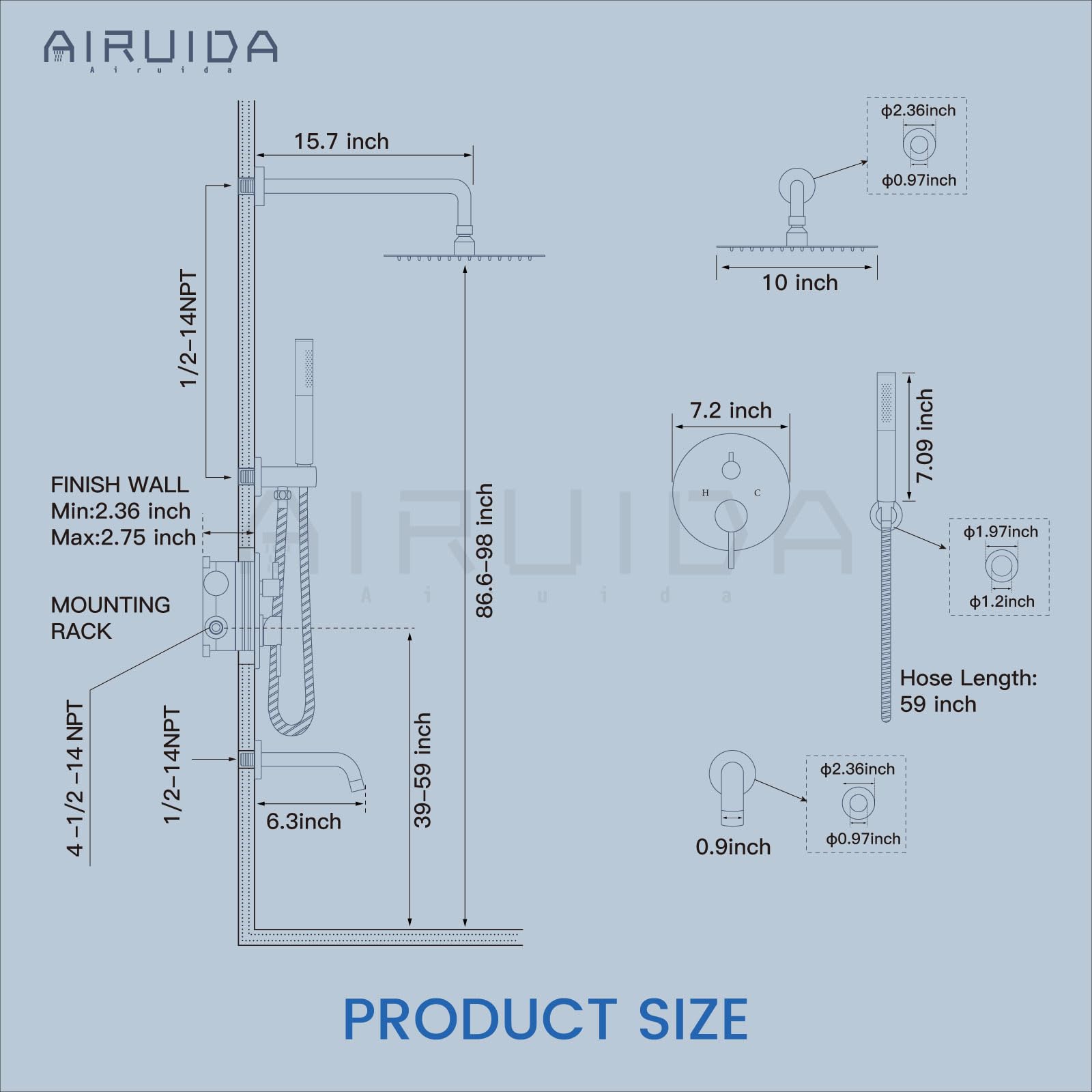 Airuida Round Shower System Set with Tub Spout, Wall Mount 3 Function Rain Shower Faucet Set, Matte Black 10 Inches Round Shower Head with 2 Functions Handheld Shower
