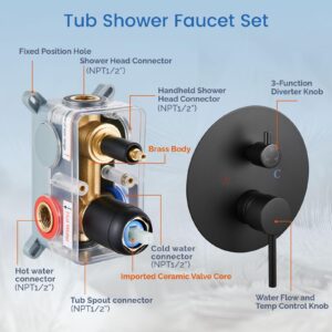 Airuida Round Shower System Set with Tub Spout, Wall Mount 3 Function Rain Shower Faucet Set, Matte Black 10 Inches Round Shower Head with 2 Functions Handheld Shower