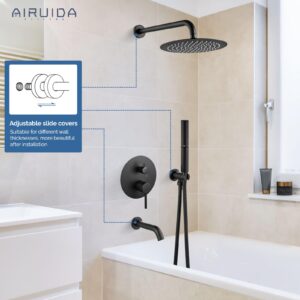 Airuida Round Shower System Set with Tub Spout, Wall Mount 3 Function Rain Shower Faucet Set, Matte Black 10 Inches Round Shower Head with 2 Functions Handheld Shower