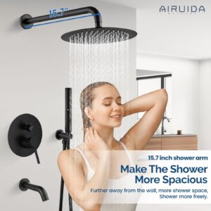 Airuida Round Shower System Set with Tub Spout, Wall Mount 3 Function Rain Shower Faucet Set, Matte Black 10 Inches Round Shower Head with 2 Functions Handheld Shower