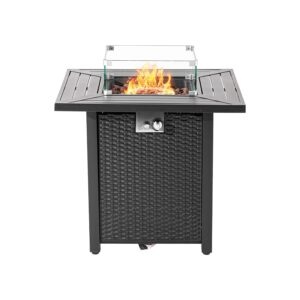 sunbury outdoor propane fire pit table, 28 inch patio gas fire table 40,000 btu auto-ignition, black brown rattan-look outdoor companion w lid, waterproof cover, lava rocks, glass wind guard