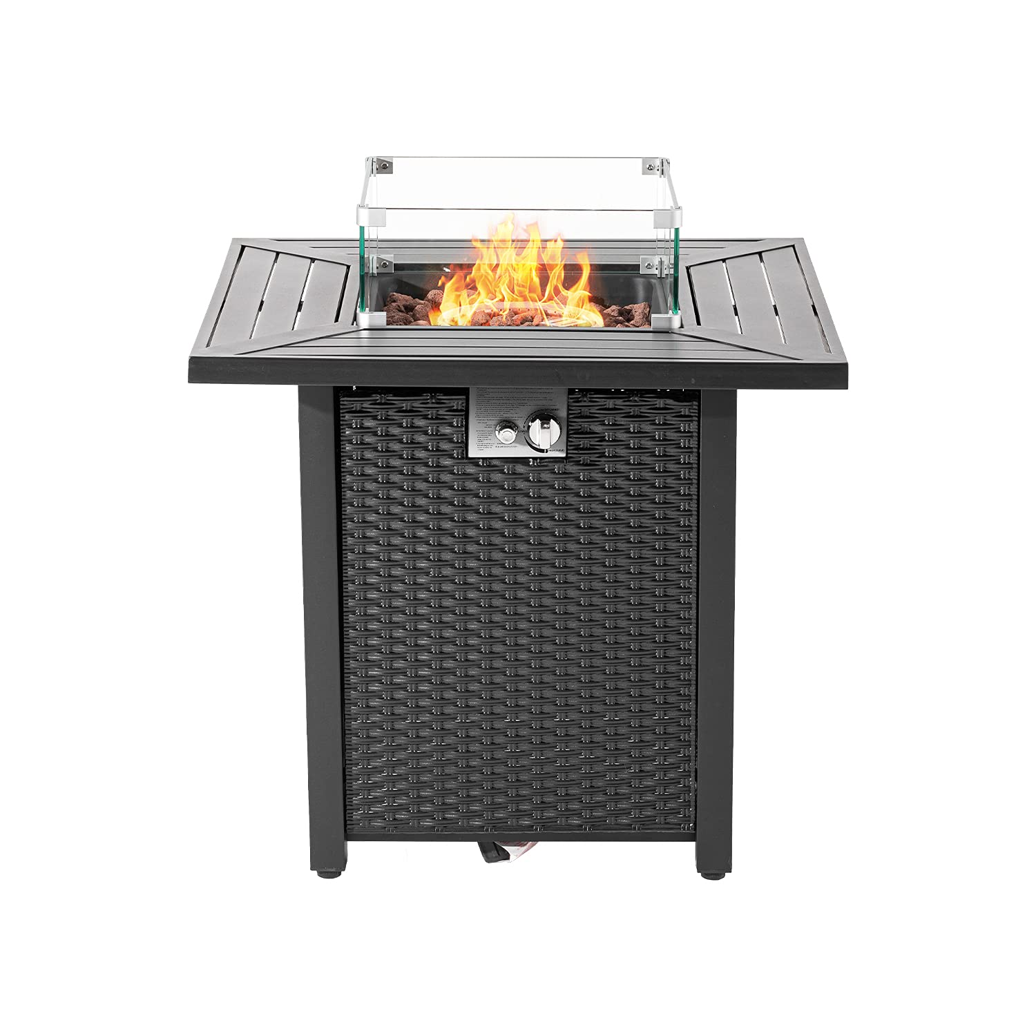 SUNBURY Outdoor Propane Fire Pit Table, 28 Inch Patio Gas Fire Table 40,000 BTU Auto-Ignition, Black Brown Rattan-Look Outdoor Companion w Lid, Waterproof Cover, Lava Rocks, Glass Wind Guard