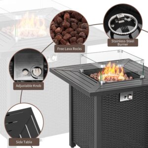 SUNBURY Outdoor Propane Fire Pit Table, 28 Inch Patio Gas Fire Table 40,000 BTU Auto-Ignition, Black Brown Rattan-Look Outdoor Companion w Lid, Waterproof Cover, Lava Rocks, Glass Wind Guard