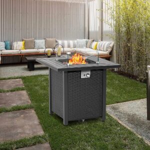 SUNBURY Outdoor Propane Fire Pit Table, 28 Inch Patio Gas Fire Table 40,000 BTU Auto-Ignition, Black Brown Rattan-Look Outdoor Companion w Lid, Waterproof Cover, Lava Rocks, Glass Wind Guard