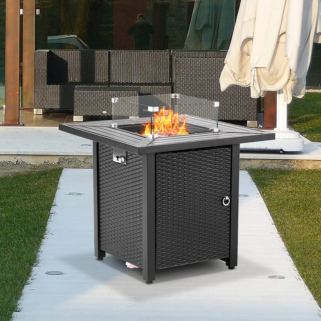 SUNBURY Outdoor Propane Fire Pit Table, 28 Inch Patio Gas Fire Table 40,000 BTU Auto-Ignition, Black Brown Rattan-Look Outdoor Companion w Lid, Waterproof Cover, Lava Rocks, Glass Wind Guard