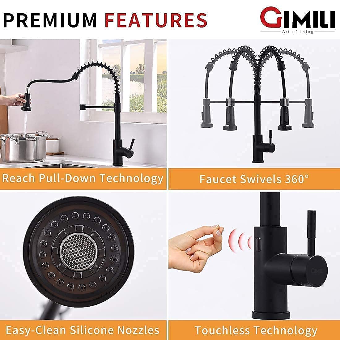 GIMILI Touchless Spring Kitchen Faucet with Deck Plate,Matte Black