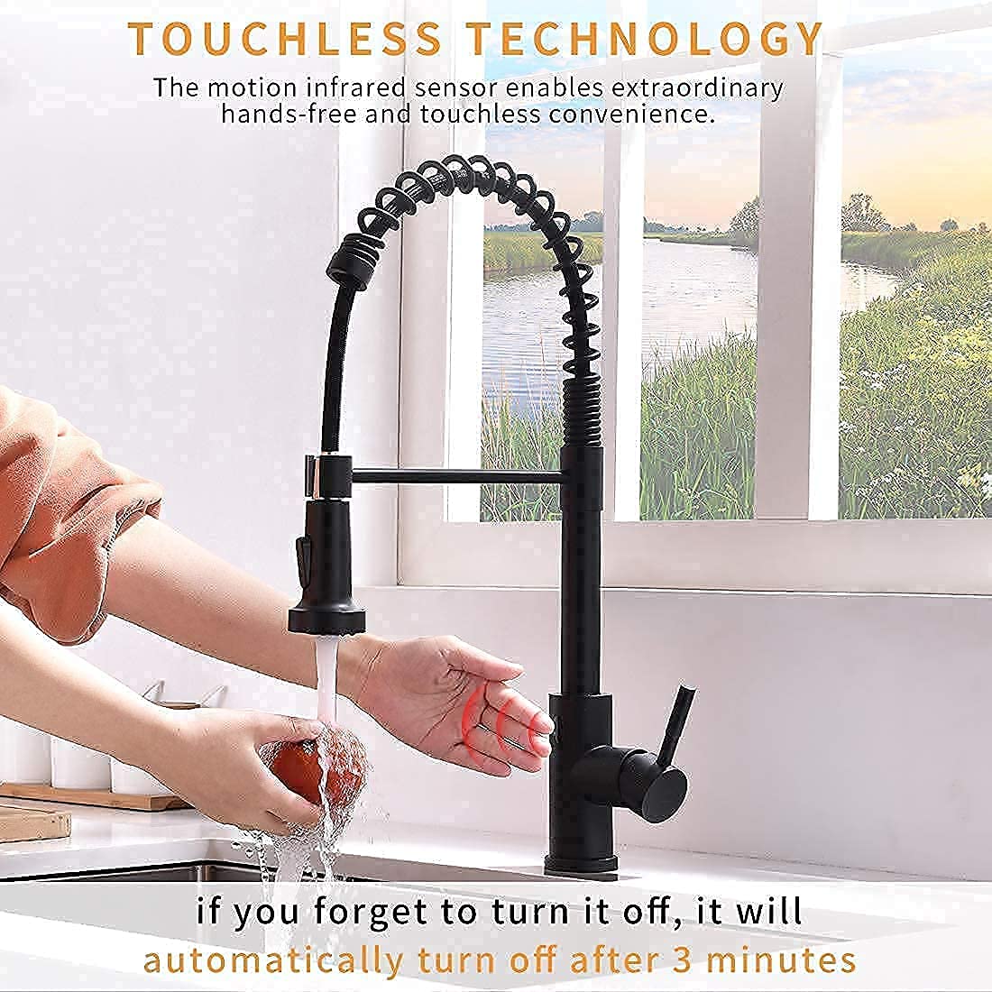 GIMILI Touchless Spring Kitchen Faucet with Deck Plate,Matte Black