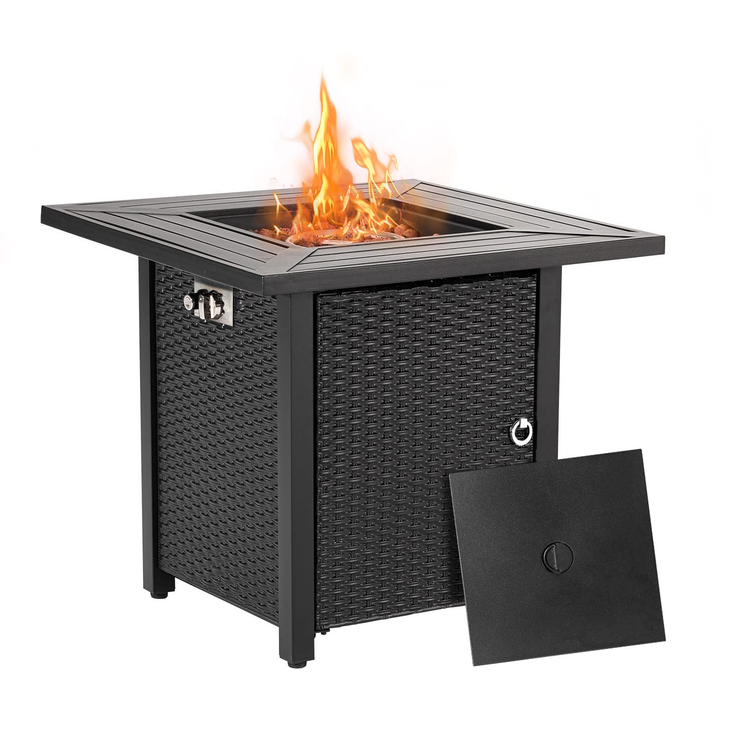 COSIEST Outdoor Metal Fire Table, 28-inch Square Black Brown Fire Pit Outdoor Companion, Auto-Ignition Fire Bowl w Imitation Wicker Base, Internal Propane Tank, Free Brown Lava Rocks