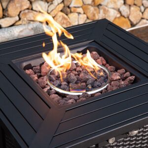 COSIEST Outdoor Metal Fire Table, 28-inch Square Black Brown Fire Pit Outdoor Companion, Auto-Ignition Fire Bowl w Imitation Wicker Base, Internal Propane Tank, Free Brown Lava Rocks