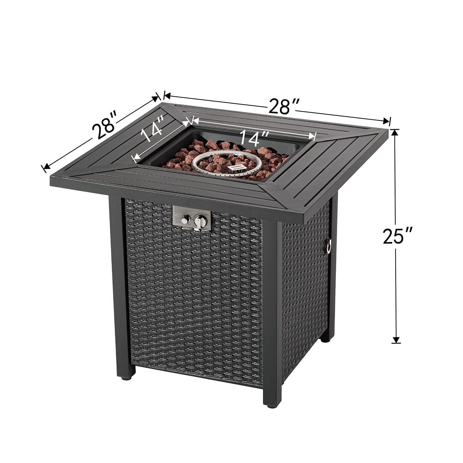 COSIEST Outdoor Metal Fire Table, 28-inch Square Black Brown Fire Pit Outdoor Companion, Auto-Ignition Fire Bowl w Imitation Wicker Base, Internal Propane Tank, Free Brown Lava Rocks