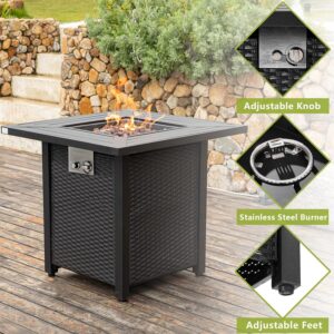 COSIEST Outdoor Metal Fire Table, 28-inch Square Black Brown Fire Pit Outdoor Companion, Auto-Ignition Fire Bowl w Imitation Wicker Base, Internal Propane Tank, Free Brown Lava Rocks