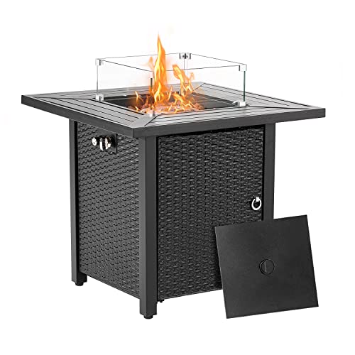 COSIEST Outdoor Metal Fire Table, 28-inch Square Black Brown Fire Pit Outdoor Companion, 40,000 BTU Auto-Ignition w Imitation Wicker Base w Glass Wind Guard, Free Brown Lava Rocks