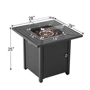 COSIEST Outdoor Metal Fire Table, 28-inch Square Black Brown Fire Pit Outdoor Companion, 40,000 BTU Auto-Ignition w Imitation Wicker Base w Glass Wind Guard, Free Brown Lava Rocks