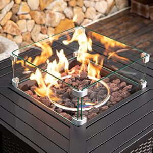 COSIEST Outdoor Metal Fire Table, 28-inch Square Black Brown Fire Pit Outdoor Companion, 40,000 BTU Auto-Ignition w Imitation Wicker Base w Glass Wind Guard, Free Brown Lava Rocks