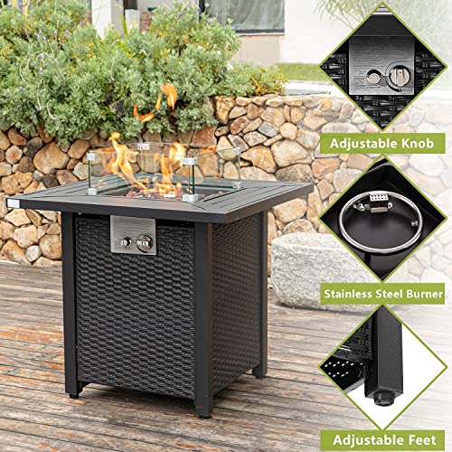 COSIEST Outdoor Metal Fire Table, 28-inch Square Black Brown Fire Pit Outdoor Companion, 40,000 BTU Auto-Ignition w Imitation Wicker Base w Glass Wind Guard, Free Brown Lava Rocks