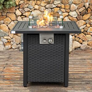 COSIEST Outdoor Metal Fire Table, 28-inch Square Black Brown Fire Pit Outdoor Companion, 40,000 BTU Auto-Ignition w Imitation Wicker Base w Glass Wind Guard, Free Brown Lava Rocks