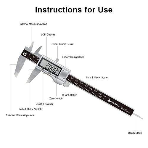 KETOTEK Digital Caliper 6 Inch Measuring Tool, Stainless Steel Electronic Vernier Calipers, Digital Micrometer with Large LCD Screen, inch/Metric Conversion