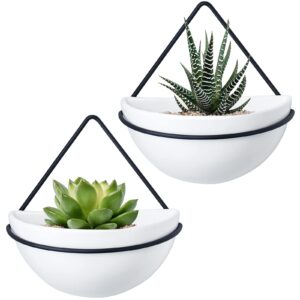 mkono ceramic wall planter set of 2 hanging planter with metal geometric plant hanger, modern wall mounted plant pot for succulent air plant cactus indoor home office decor gift idea, black