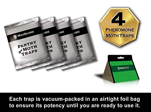 MaxGuard Pantry Moth Traps (4 Traps Trial Pack) Extra Strength Pheromones | Non-Toxic Sticky Glue Trap for Food and Cupboard Moths in Your Kitchen | Trap and Kill Seed Grain Flour Meal Moths |