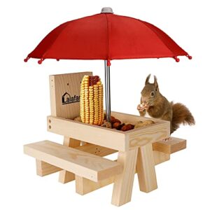 squirrel table feeder with umbrella, lalafancy wooden picnic table feeder for squirrels with corn cob holder, squirrel and chipmunk gifts for squirrel lovers, built strong from pine wood