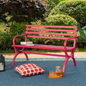 phi villa outdoor garden bench, 48” long metal steel bench with backrest and armrests, modern slatted design for patio, lawn, balcony, yard, porch and indoor - red