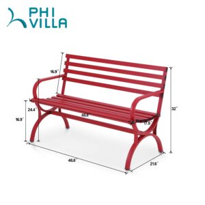 PHI VILLA Outdoor Garden Bench, 48” Long Metal Steel Bench with Backrest and Armrests, Modern Slatted Design for Patio, Lawn, Balcony, Yard, Porch and Indoor - Red