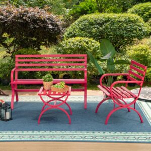 PHI VILLA Outdoor Garden Bench, 48” Long Metal Steel Bench with Backrest and Armrests, Modern Slatted Design for Patio, Lawn, Balcony, Yard, Porch and Indoor - Red