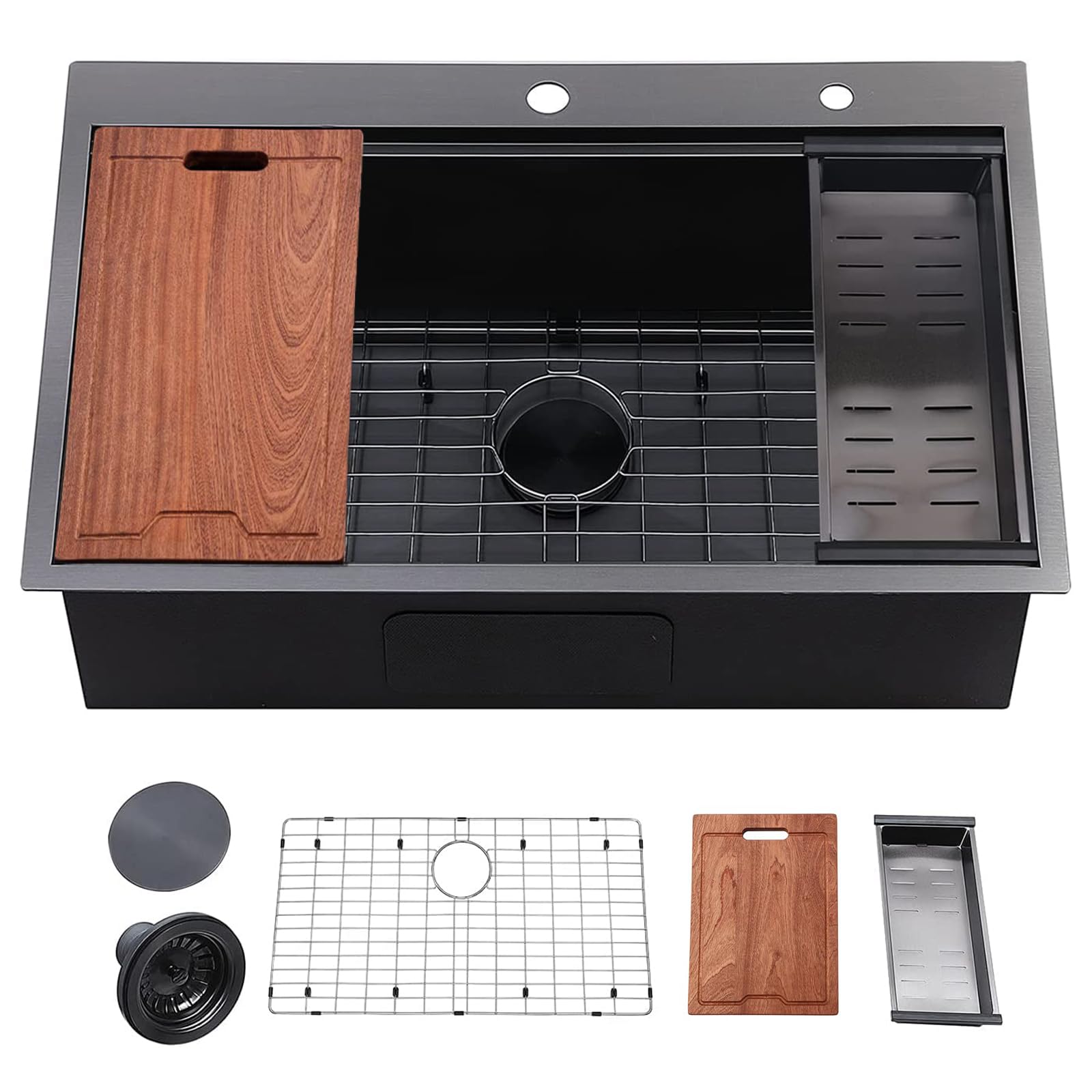 33 Inch Drop In Black Kitchen Sink Workstation-VAPSINT 33x22 Topmount Black Stainless Steel Drop-in Kitchen Sink, Handmade Single Bowl Deep Kitchen Sink with Grid,Drainer,Cutting Board and Colander