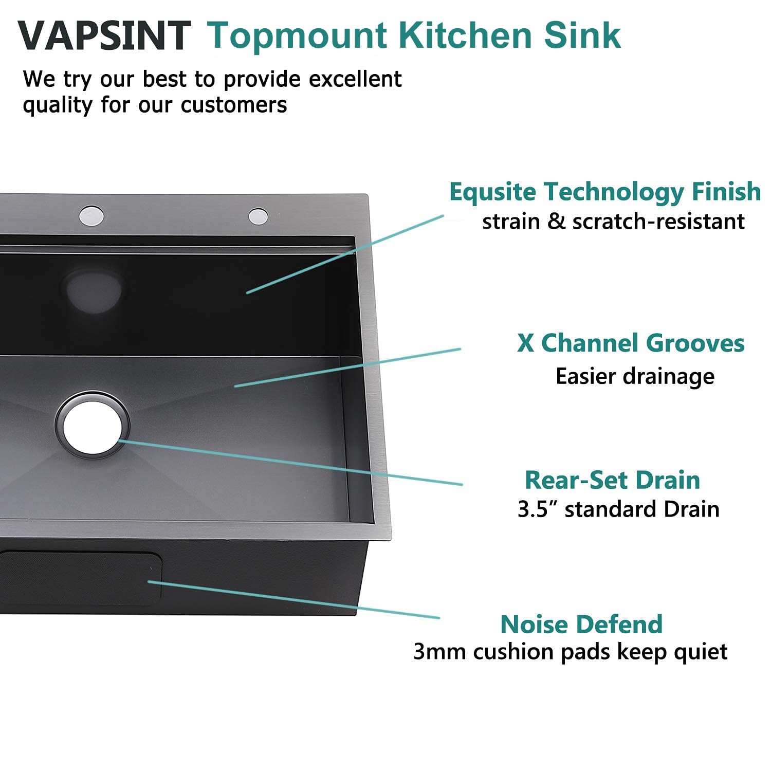 33 Inch Drop In Black Kitchen Sink Workstation-VAPSINT 33x22 Topmount Black Stainless Steel Drop-in Kitchen Sink, Handmade Single Bowl Deep Kitchen Sink with Grid,Drainer,Cutting Board and Colander