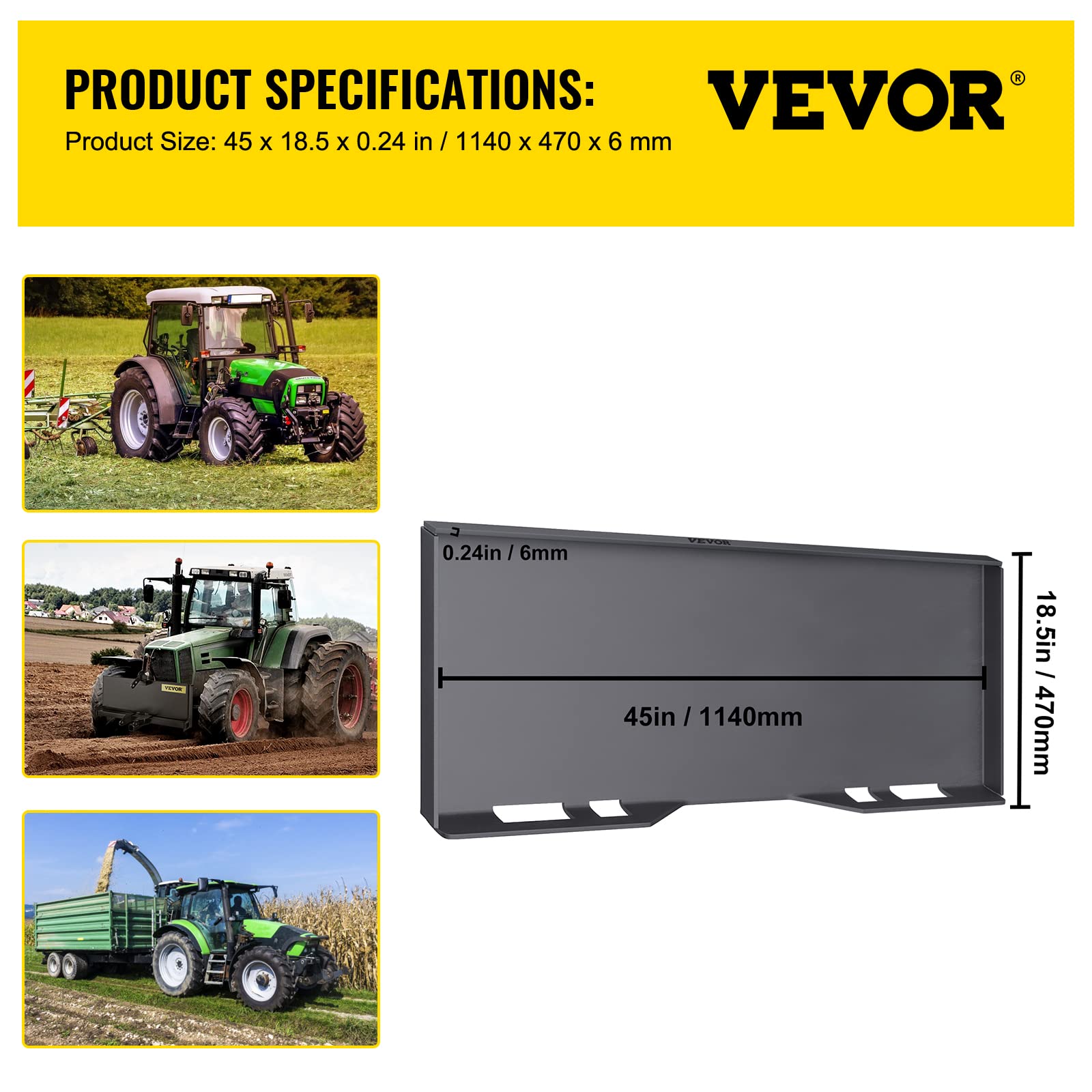 VEVOR 1/4" Skid Steer Attachment Plate Steel Skid Steer Mount Plate Quick Attachment Loader Plate Easy to Weld or Bolt to Different Accessories