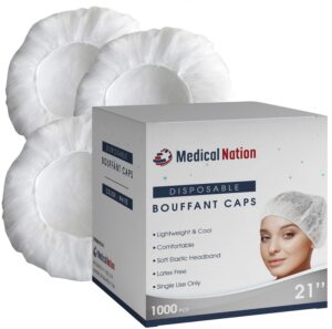 medical nation 21" disposable bouffant caps |case of 1000, white| hairnets, non-woven, non-pleated head hair covers |for medical, labs, nurse, tattoo, food service, hospital, cooking - size 21" white