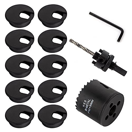 10 PCS 2 inch Desk Wire Cord Cable Grommets Hole Cover with Hole Saw Kit High Speed Bi-Metal Holesaw Drill Bits for Office PC Desk Cable Cord Organizer