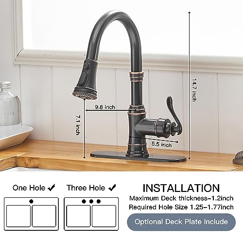 Homevacious Kitchen Faucet Oil Rubbed Bronze with Pull Out Sprayer 3 Spray Modes Single Handle Singe Lever High Arc Farmhouse Kitchen Sink Faucet with Deck Plate Lead-Free Pull Down Sprayer