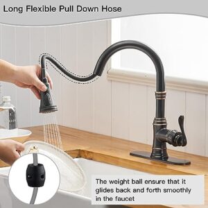 Homevacious Kitchen Faucet Oil Rubbed Bronze with Pull Out Sprayer 3 Spray Modes Single Handle Singe Lever High Arc Farmhouse Kitchen Sink Faucet with Deck Plate Lead-Free Pull Down Sprayer